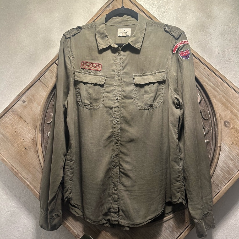 American Eagle Olive Green Military Top button up - Picture 2 of 5